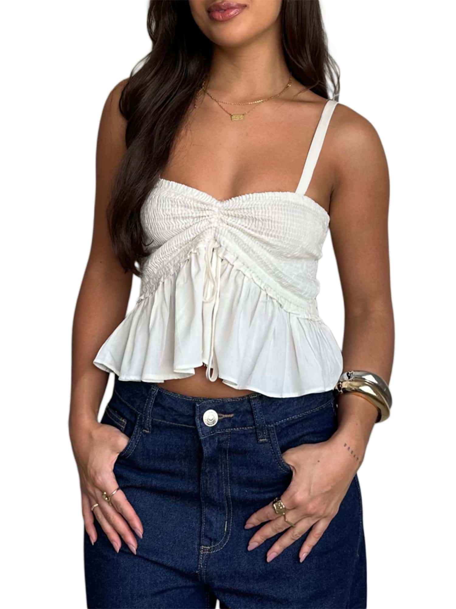 Women Spaghetti Strap Crop Tops Solid Ruched Tie-Up Sweetheart Neck Sleeveless Babydoll Shirts