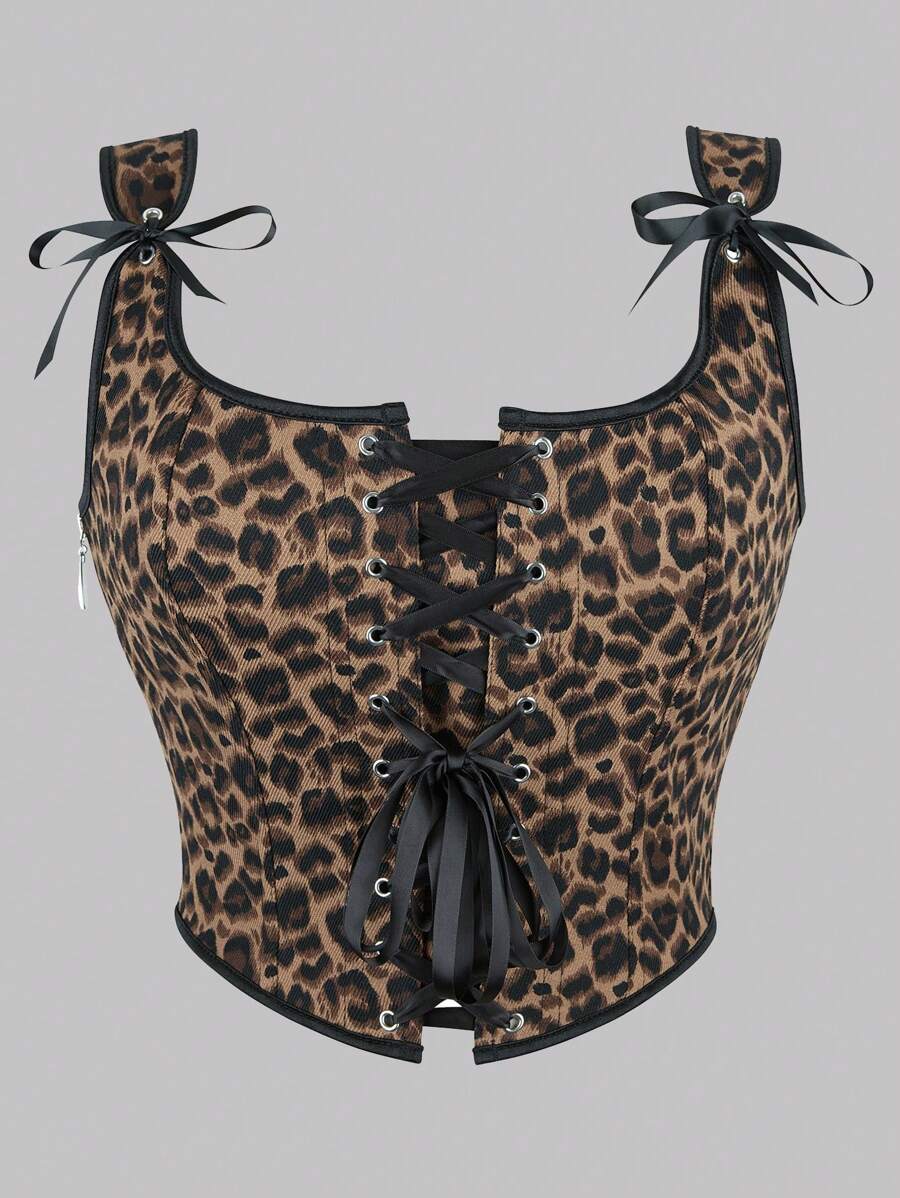 1 Pc Women's Corset-Style Leopard Print Tight Fitting Tank Top, Fashion Sexy Lacing Front Boned Shapewear Camisole Vest, Suitable For Party Or Daily Outfit