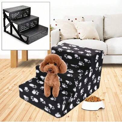 45x35x30cm 3-Step Pet Stair For Bed - Dog & Cat Stairs With Washable Non-Slip Plush Cloth Cover