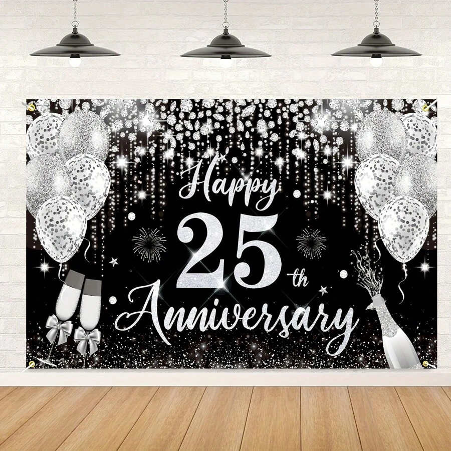 1 pièce Décorations pour 25e anniversaire de mariage, Bannière noire et argentée Joyeux 25e anniversaire 180 cm x 110 cm/70,8 po x 43,3 po, Toile de fond pour photographie de 25e anniversaire, Convient pour fournitures de fête du 25e anniversaire de mariage argent