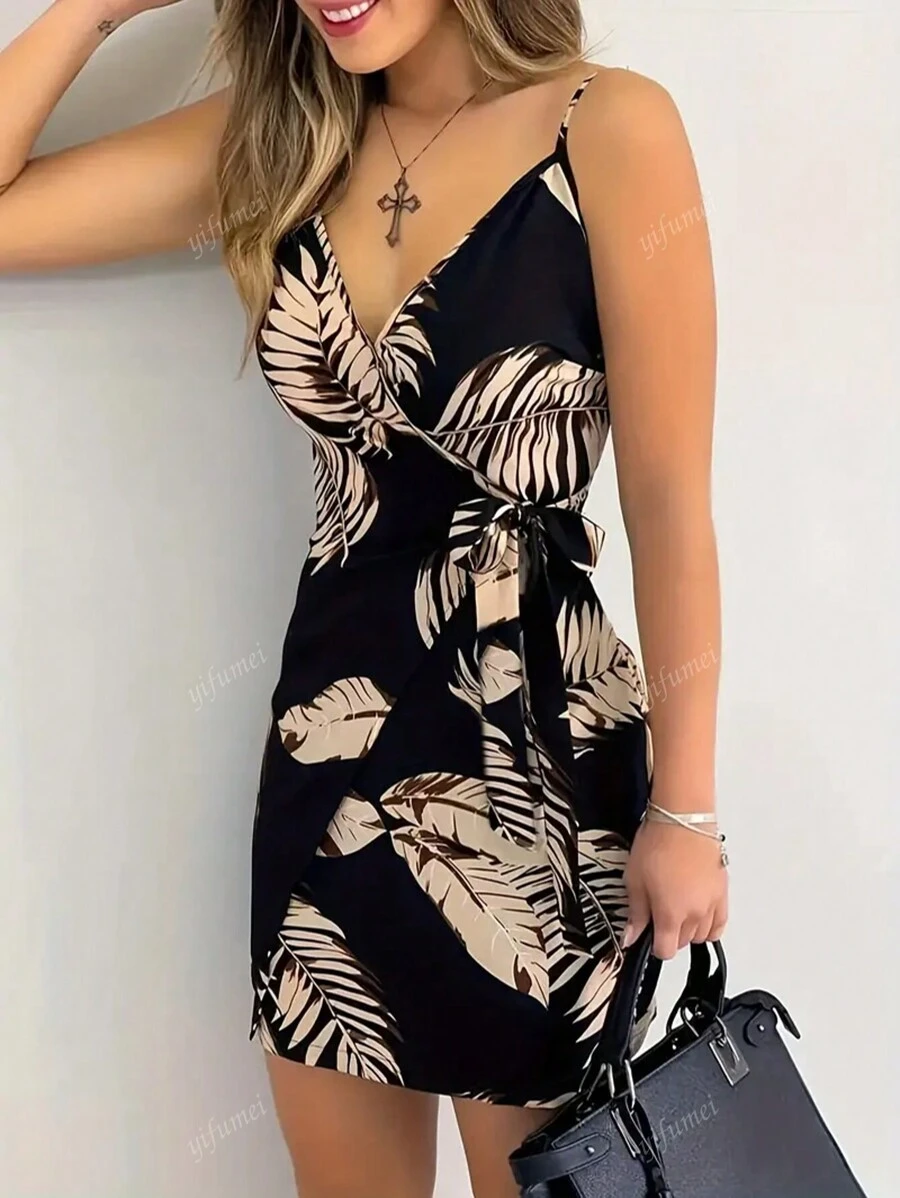 Vestido corto casual de mujer con estampado floral, tirantes finos y lazo frontal