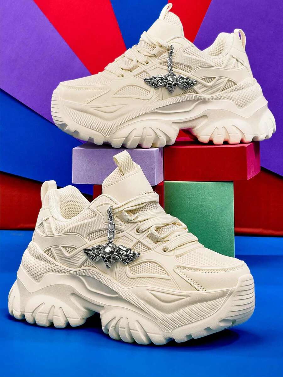 Women Silver Metal Shiny Angel Skull Decor Casual Sneakers With 7cm Thick Sole Platform, Versatile Beige High Heels, Comfortable Warm Autumn/Winter Women Outdoor Sports Shoes For Teenagers, College Students, Breathable Light Weight Non-Slip Summer Mesh Running Shoes For Daily, Date, Gym, Office Wear