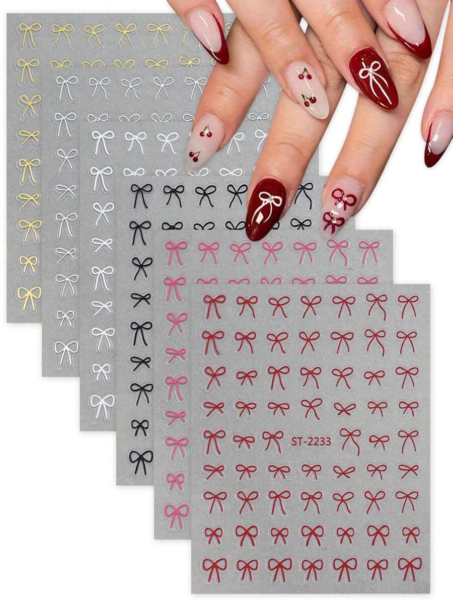 2/3/6/12/18/24 Sheets Valentine's Bow Nail Art Stickers For Women, Self-Adhesive 3D Bow Nail Decals, Cute Ribbon Nail Stickers For DIY Nail Design, Manicure Nail Supplies Accessories