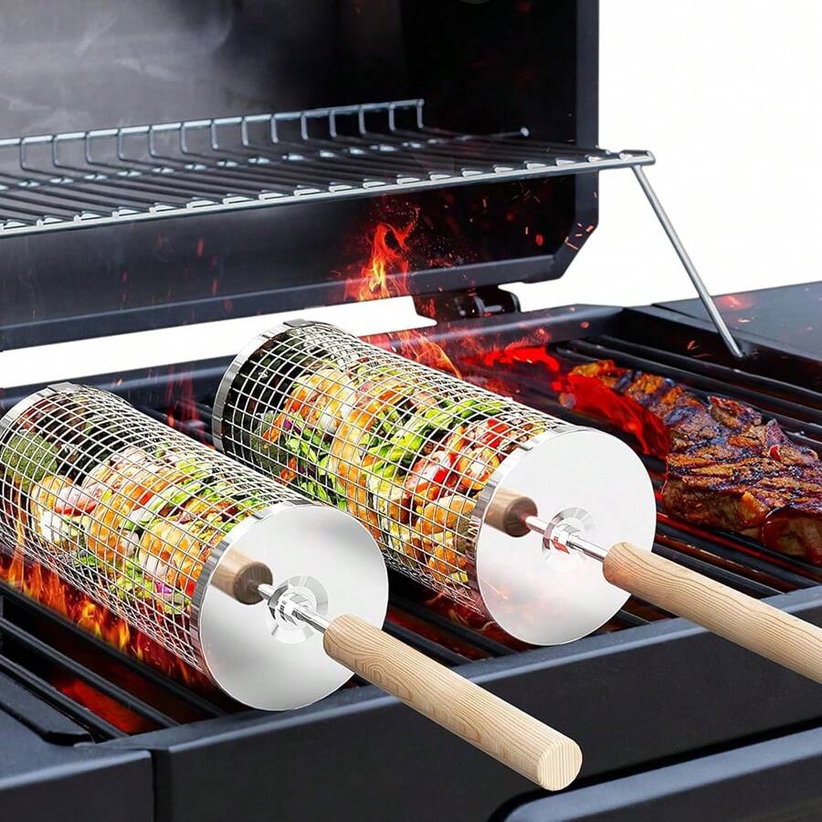 1pc Nesting Grill Basket, Removable Wooden Handle, 304 Stainless Steel, Rolling Grilling Net, BBQ Accessories Tools For Vegetables Shrimp, Outdoor Cooking Camping, Gifts For Men Dad Husband
