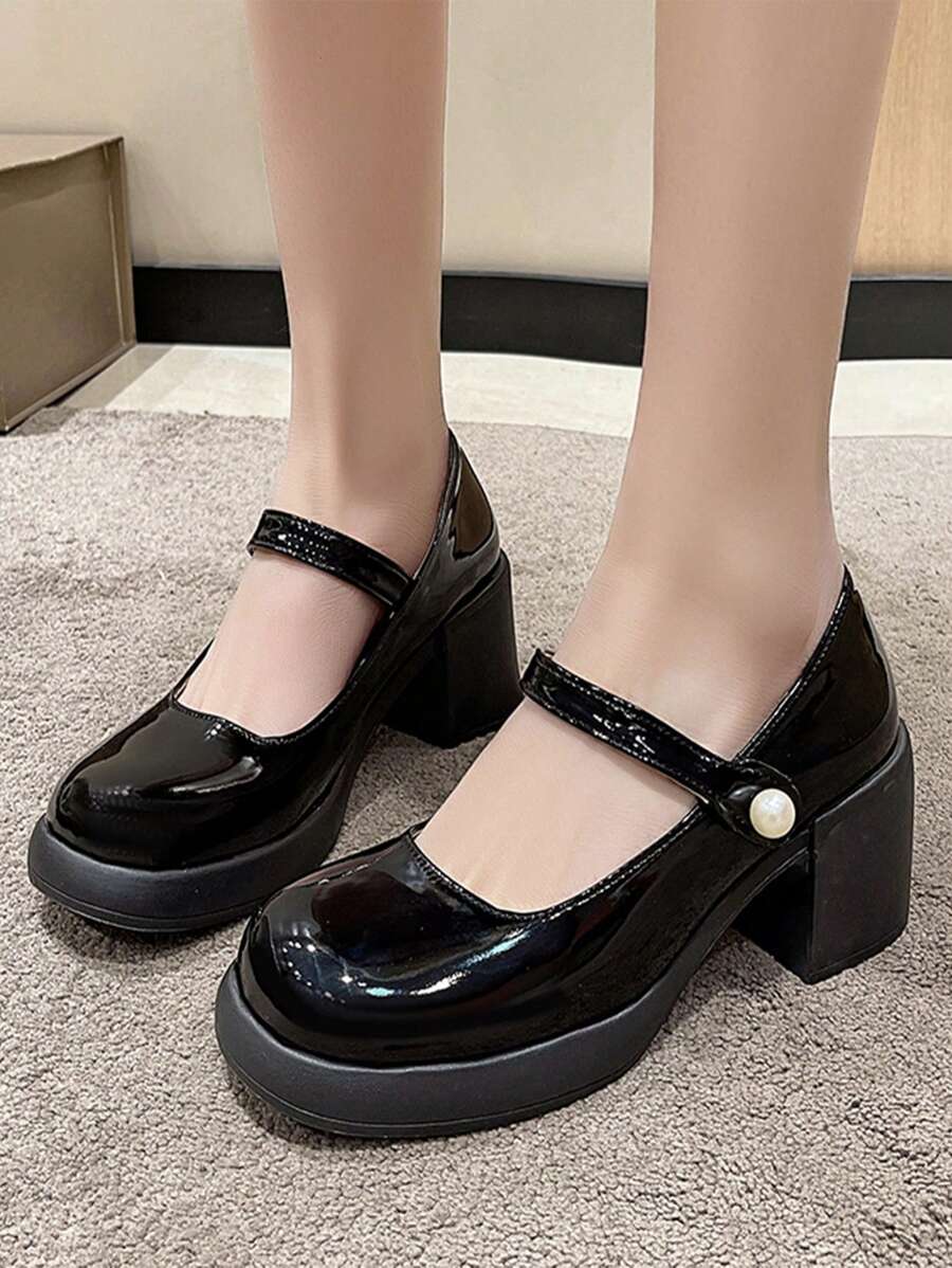 Women's Low Vamp Fashion Versatile Shoes, Breathable Mary Jane Shoes, Chunky Heel Small Leather Shoes, Round Toe Single Strap Retro Style Square Toe Shoes