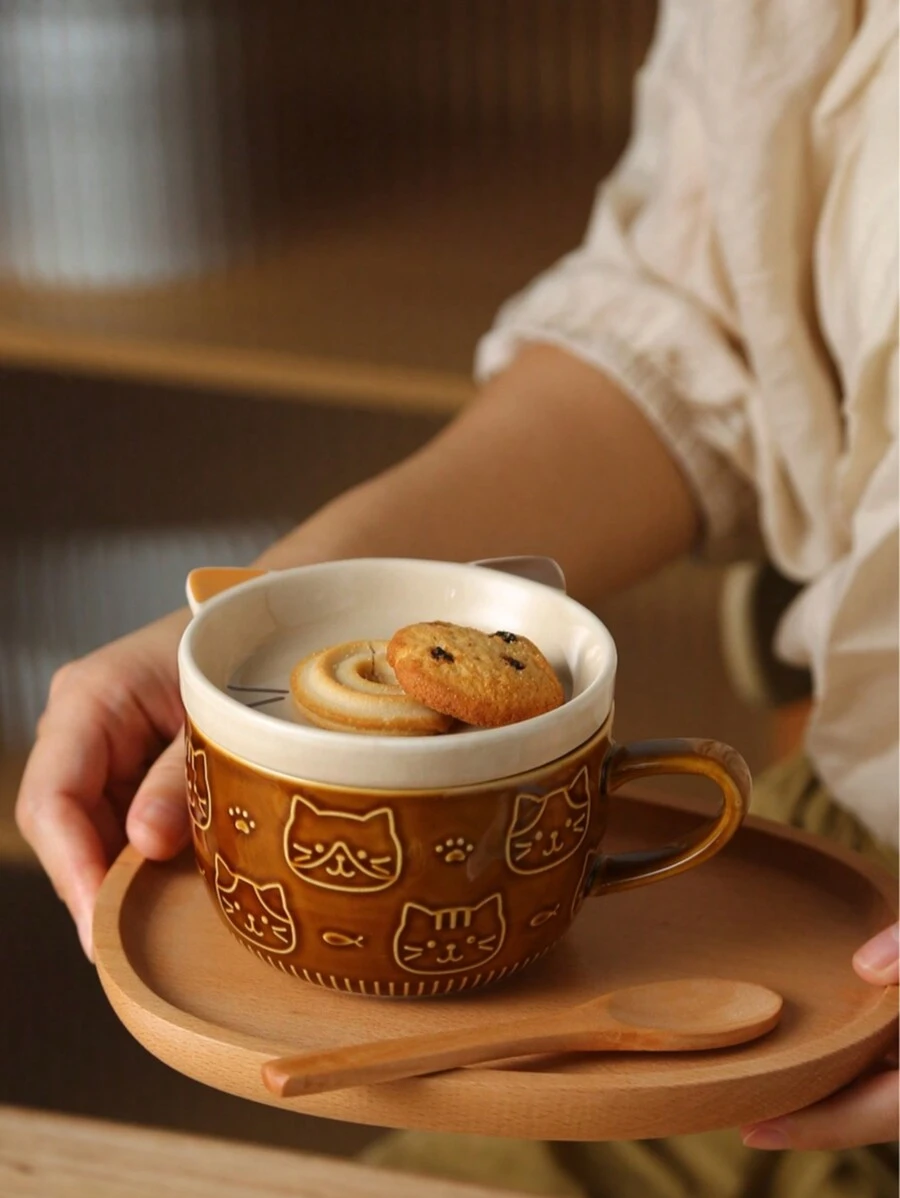 1pc Cute Cat Hand-Painted Ceramic Coffee Mug With Lid, Underglaze Colored Breakfast Cup, Tea Cup, Gift
