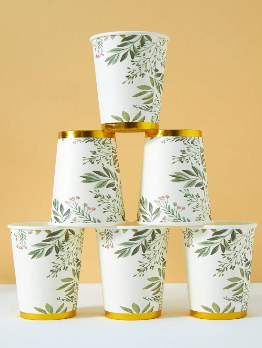 10 piezas/25 piezas Vasos de papel desechables con estampado de hojas estilo chino, adecuados para cumpleaños, reuniones familiares, picnics y decoración de fiestas