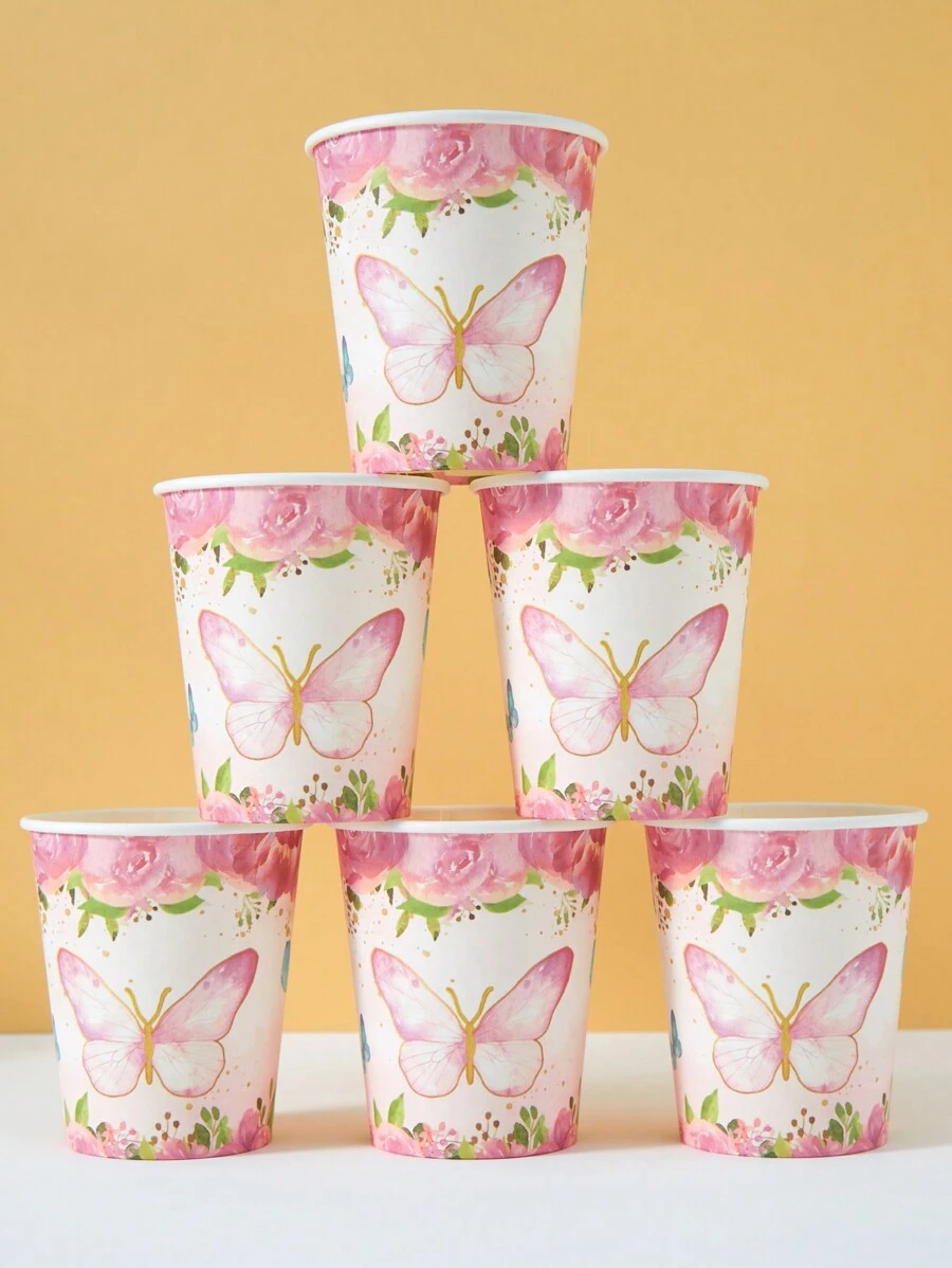 10 piezas/25 piezas Vasos de papel desechables, vasos con temática floral y de mariposas para bebidas frías y café, adecuados para cumpleaños, reuniones familiares, picnics y decoración de fiestas