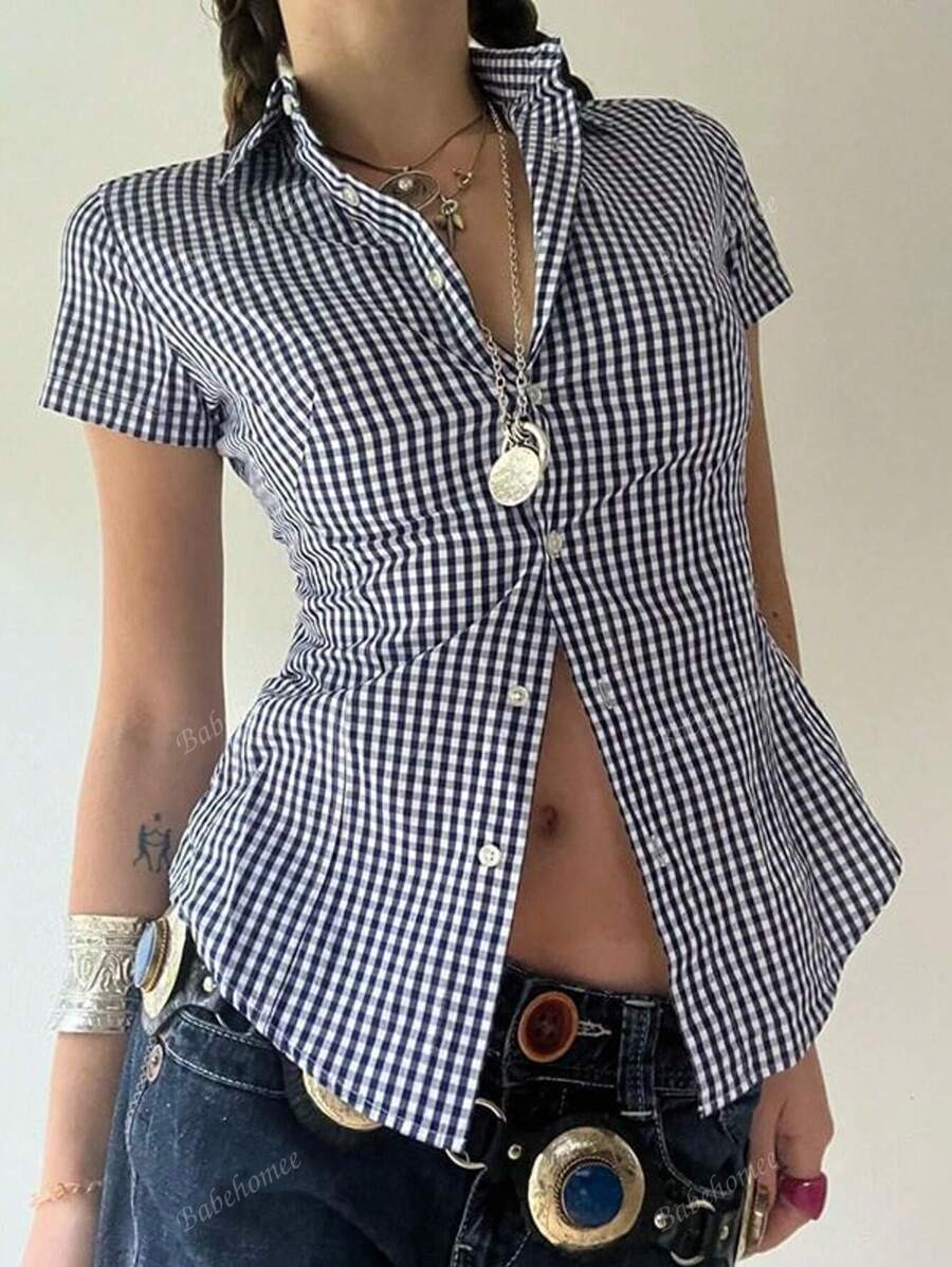 BabeHomee Fall Women Outfits Y2K Back To School Containing Cotton Slim Lapel Short-Sleeved Button Design Blue Checkered University Shirt Top