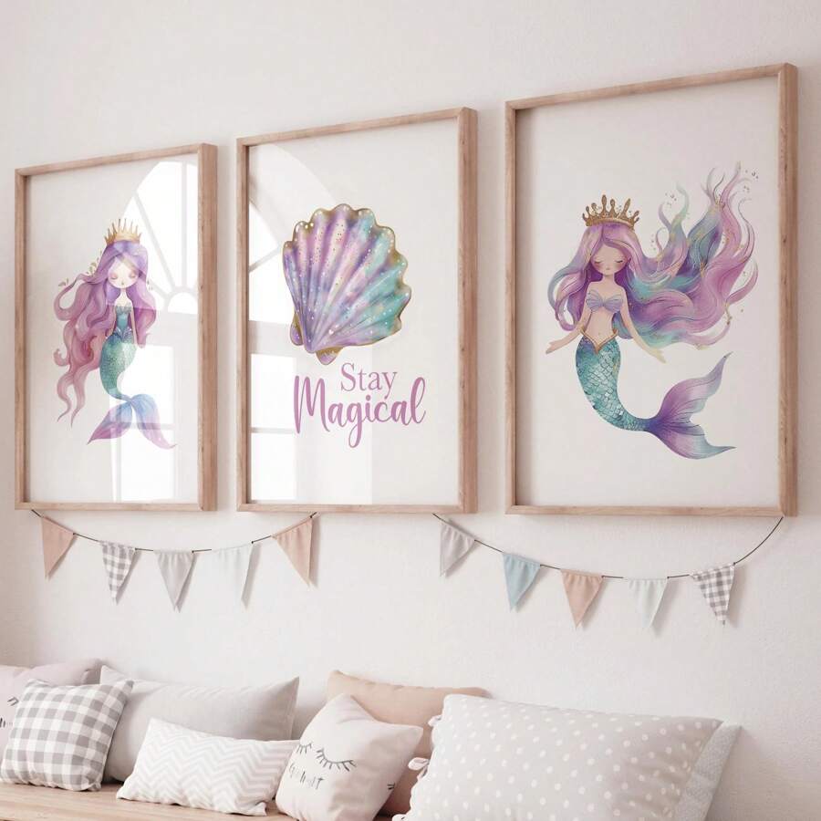 Decor pentru camera copiilor cu sirenă, decor pentru camera copiilor cu fete, imprimeuri cu sirene pentru camera fetelor, decor pentru camera copiilor cu mare, camera copiilor cu ocean, roz violet turcoaz, temă sirenă, decor modern pentru casă, pentru dormitor în living, fără ramă