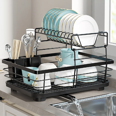 Steel Dish Drainer Rack With Drip Tray Cutlery Holder Plate Rack Cup Kitchen Sink UK