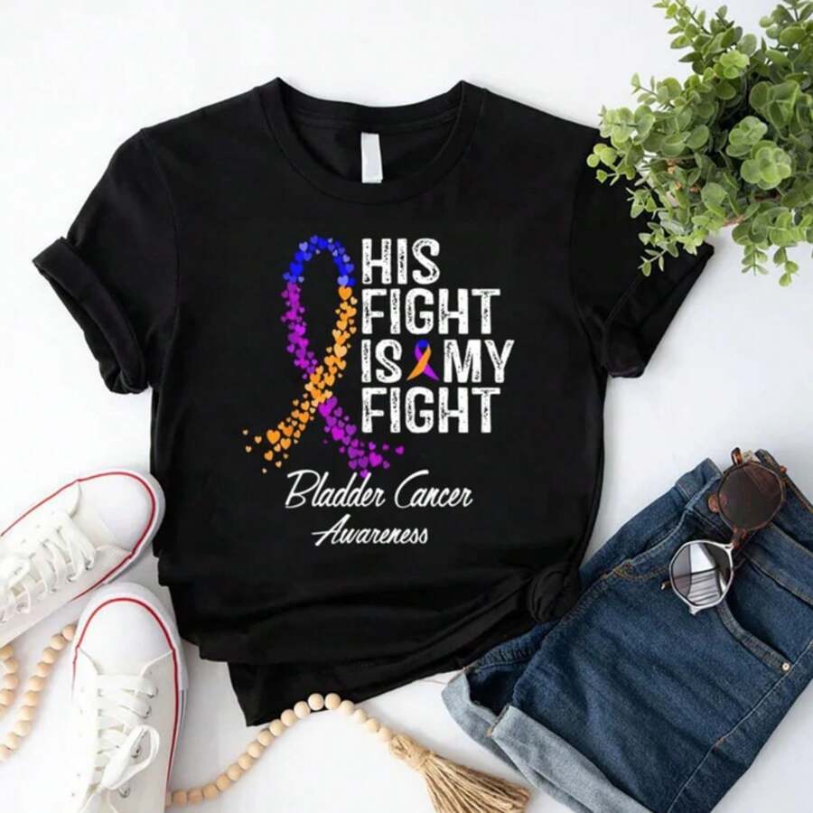 His Fight Is My Fight Bladder Cancer Awareness T-Shirt, Cancer Fight Shirt, Bladder Ribbon Shirt, Blue Yellow Purple Shirt, Support Shirt