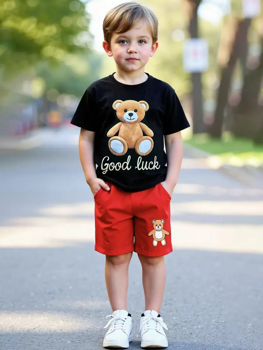 2 pièces/set t-shirt à manches courtes et shorts d'été pour tout-petits garçons, avec imprimé de lettre porte-bonheur et d'ours, tenues décontractées mignonnes