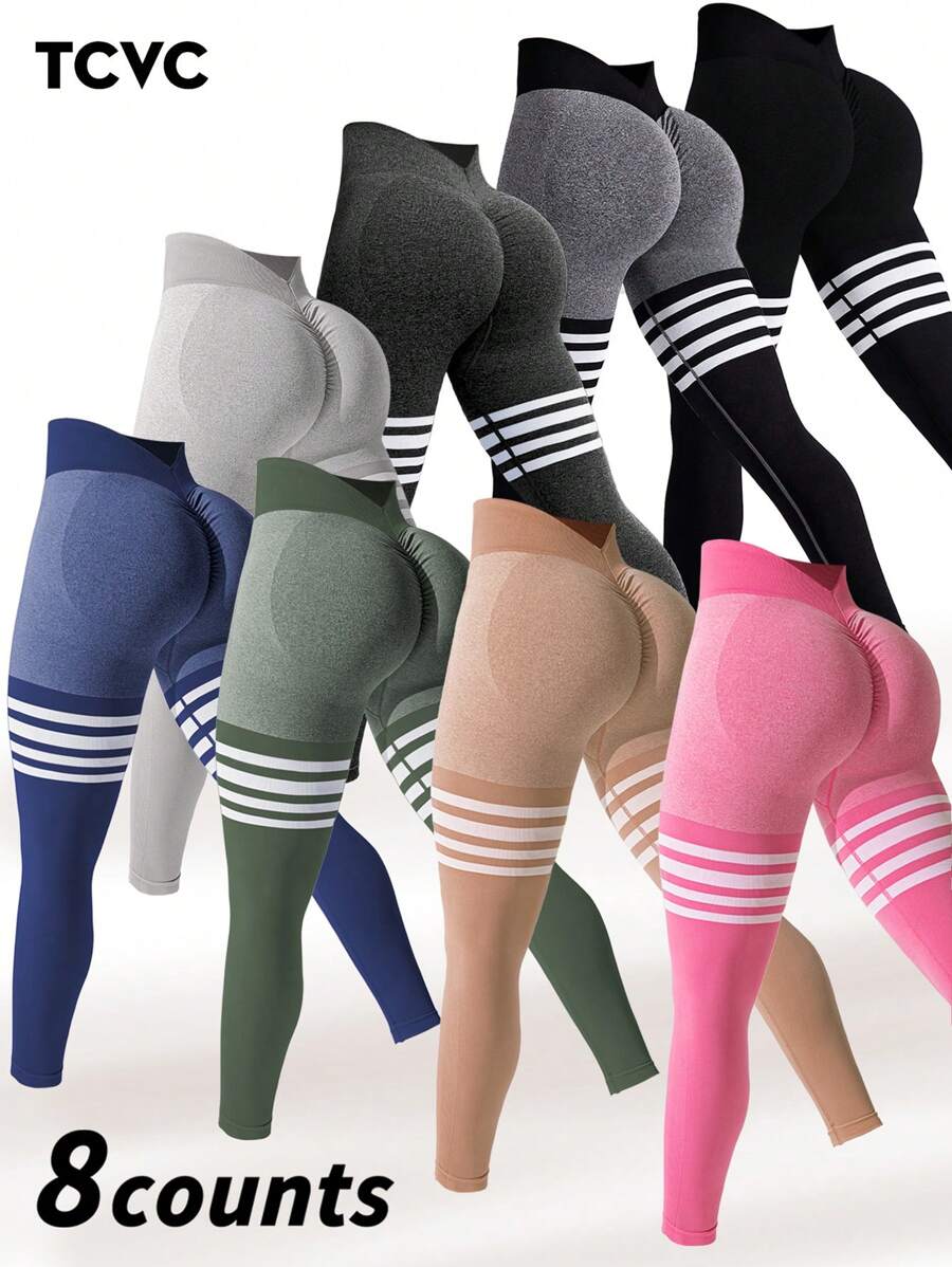 TCVC Gestreepte linnen-achtige geplooide V-taille sportlegging voor dames, zeer rekbare naadloze yogabroek voor binnen- en buitentraining, buikcontrole, perzikkleurige billen, casual en veelzijdig