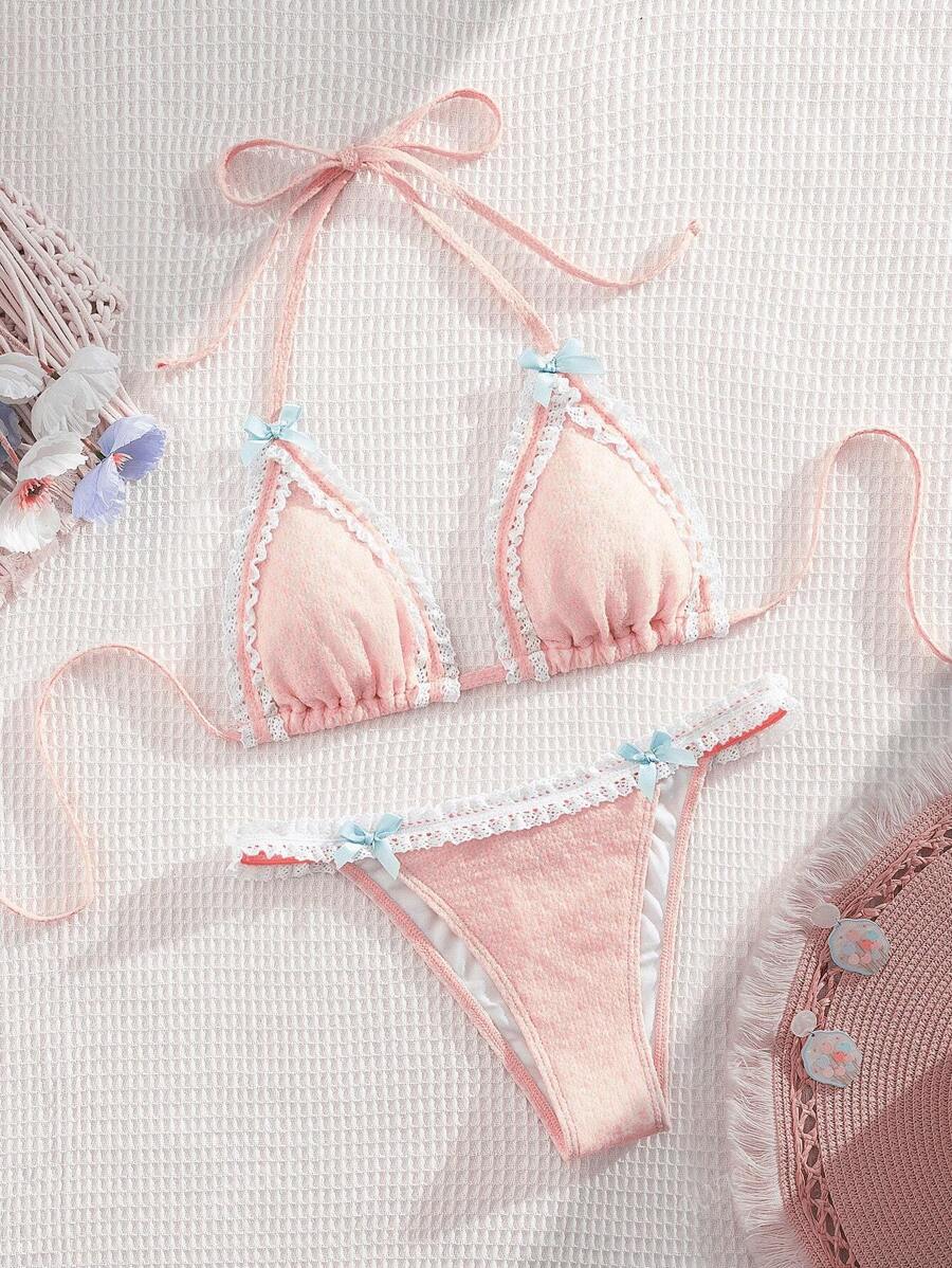 New Lace Trim Bowknot Decor Spaghetti Strap 2 Pieces Bikini Set, Women Fashion Summer Beach Vacation Swimwear