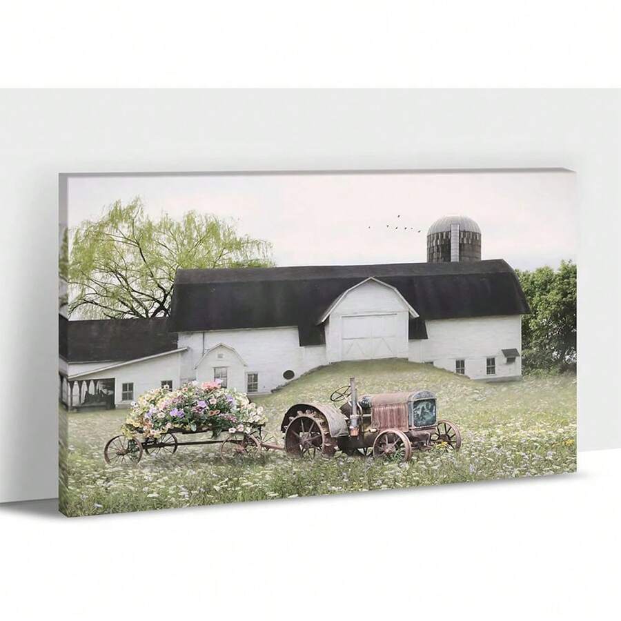 1PCS Framed Farmhouse Wall Art - Barn Picture, White Barn And Floral Canvas Print For Kitchen Decor, Modern Countryside Landscape Painting, Vintage Car Artwork For Living Room Decor, Home Office Decor, Suitable For Bedroom Dining Room Bathroom Study Office Coffee Shop Hotel Apartment Studio Dressing Room Wall Decor