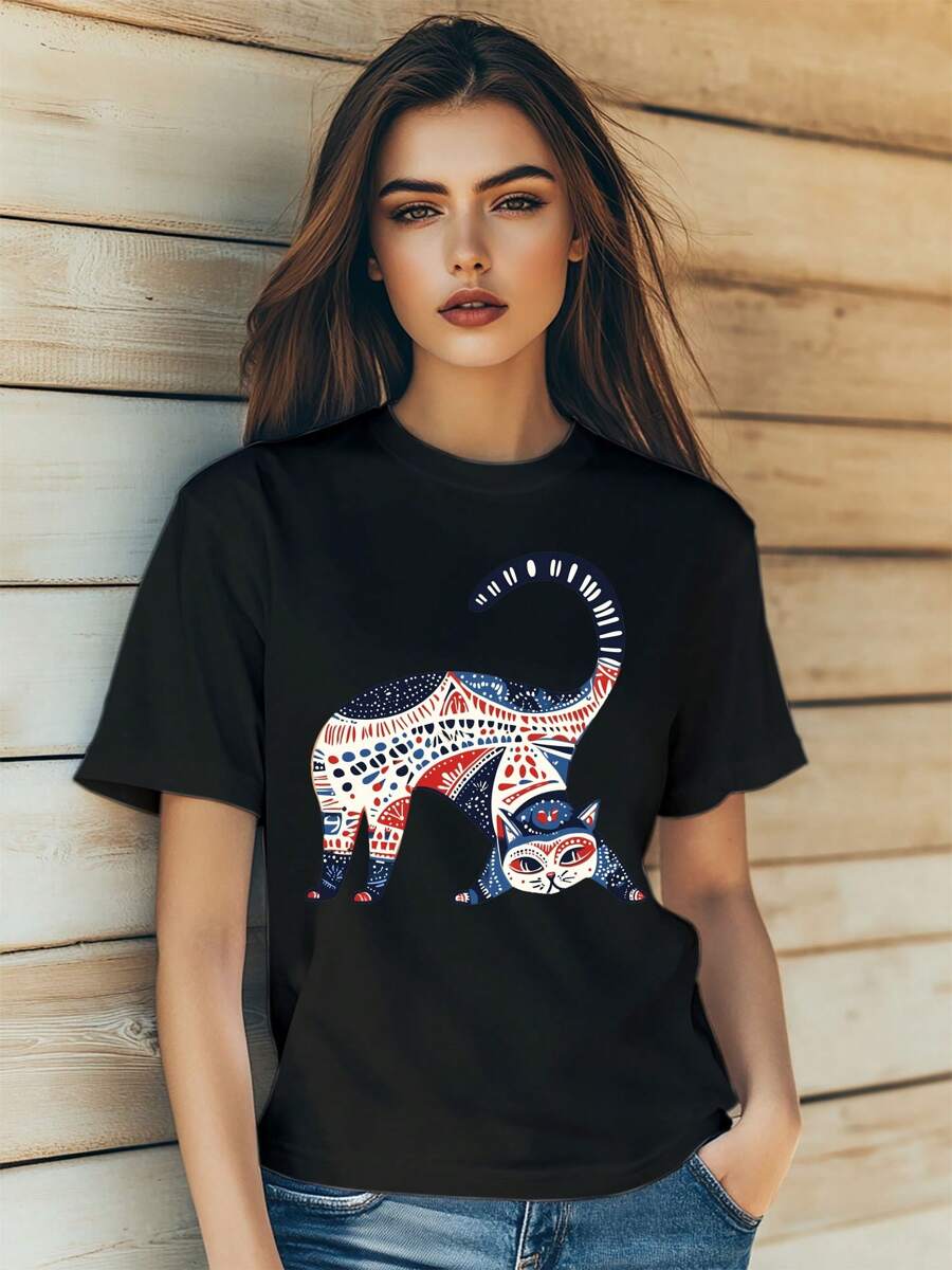 Women's Cat Retro Kawaii Cartoon Print T-Shirt Fashion Short Sleeve Round-Neck Slm Fit Tops Summer Casual Streetwear