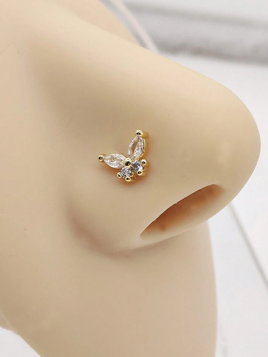 1pc Light Luxury Elegant Butterfly Style L Rod Nose Stud Micro Inlay Zirconia Piercing Nose Stud Ladies Girls Gift Jewelry