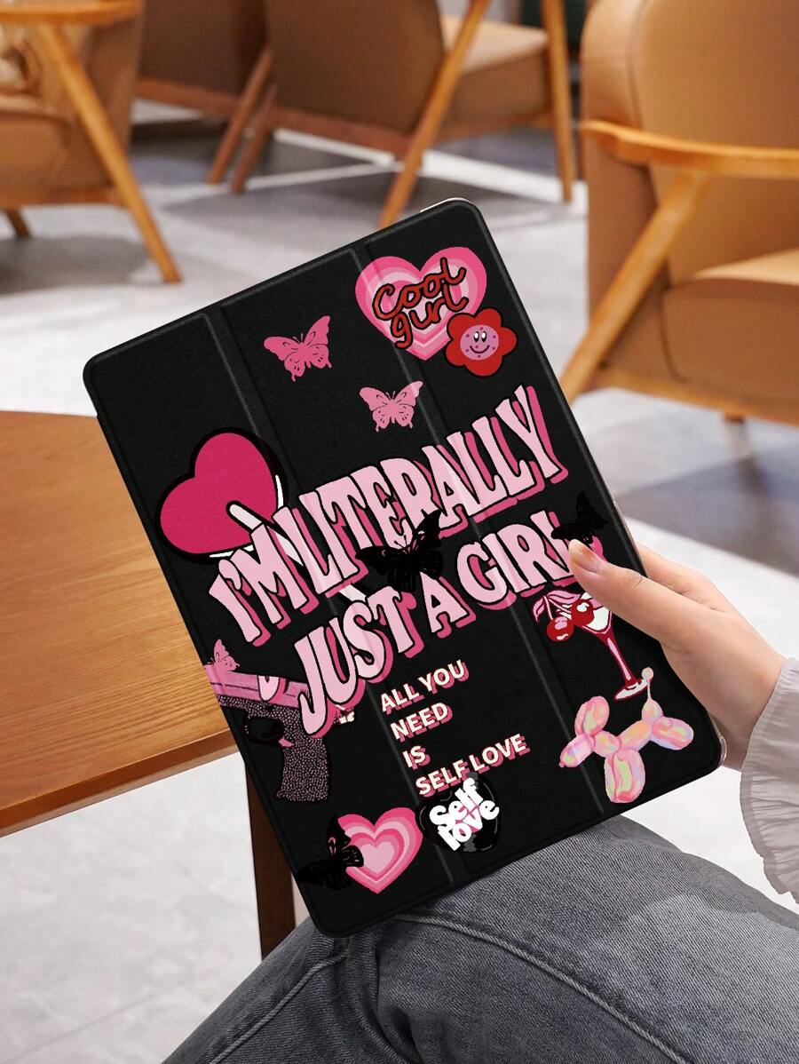1pc Pink & Black Heart, Butterfly, Wine Goblet Pattern Tablet Protective Case, Anti-Drop, With Pen Slot, Support Sleep/Wake, Compatible With Samsung, And IPad