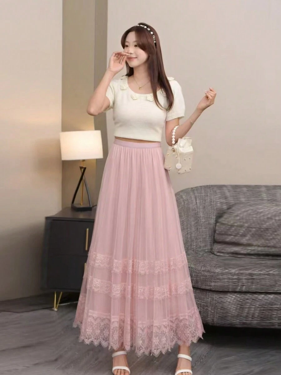 Gonna in tulle con ricamo floreale in morbido filato di rete, per daylie forti, outfit da donna adatto per autunno/inverno