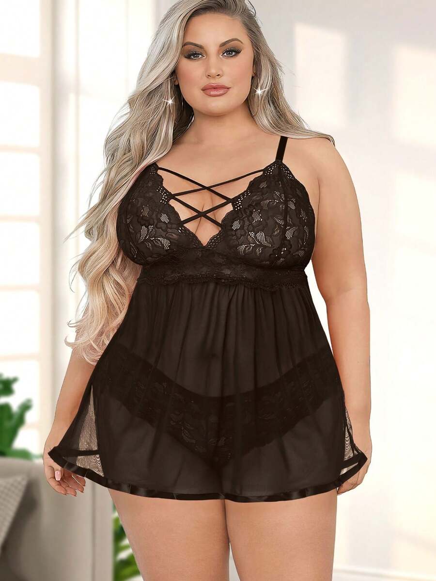 Ensembles de lingerie sexy grande taille pour femmes, Nuisette sexy à dos ouvert en dentelle à lanières