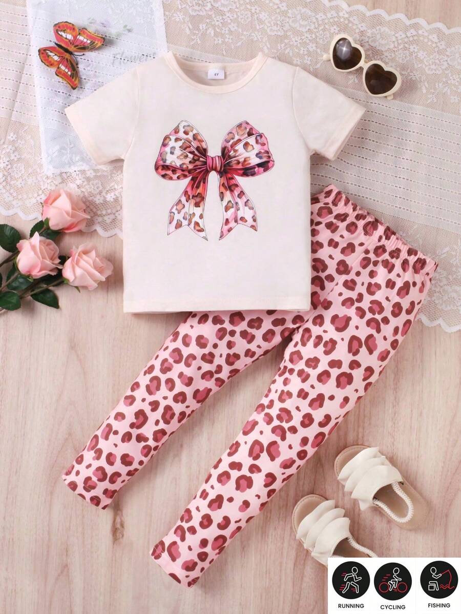 2pcs/Set Girls Casual Bowknot Leopard Print Soft & Comfy Knitted Short Sleeve T-Shirt And Pants Set, Spring/Summer Sports Outfit