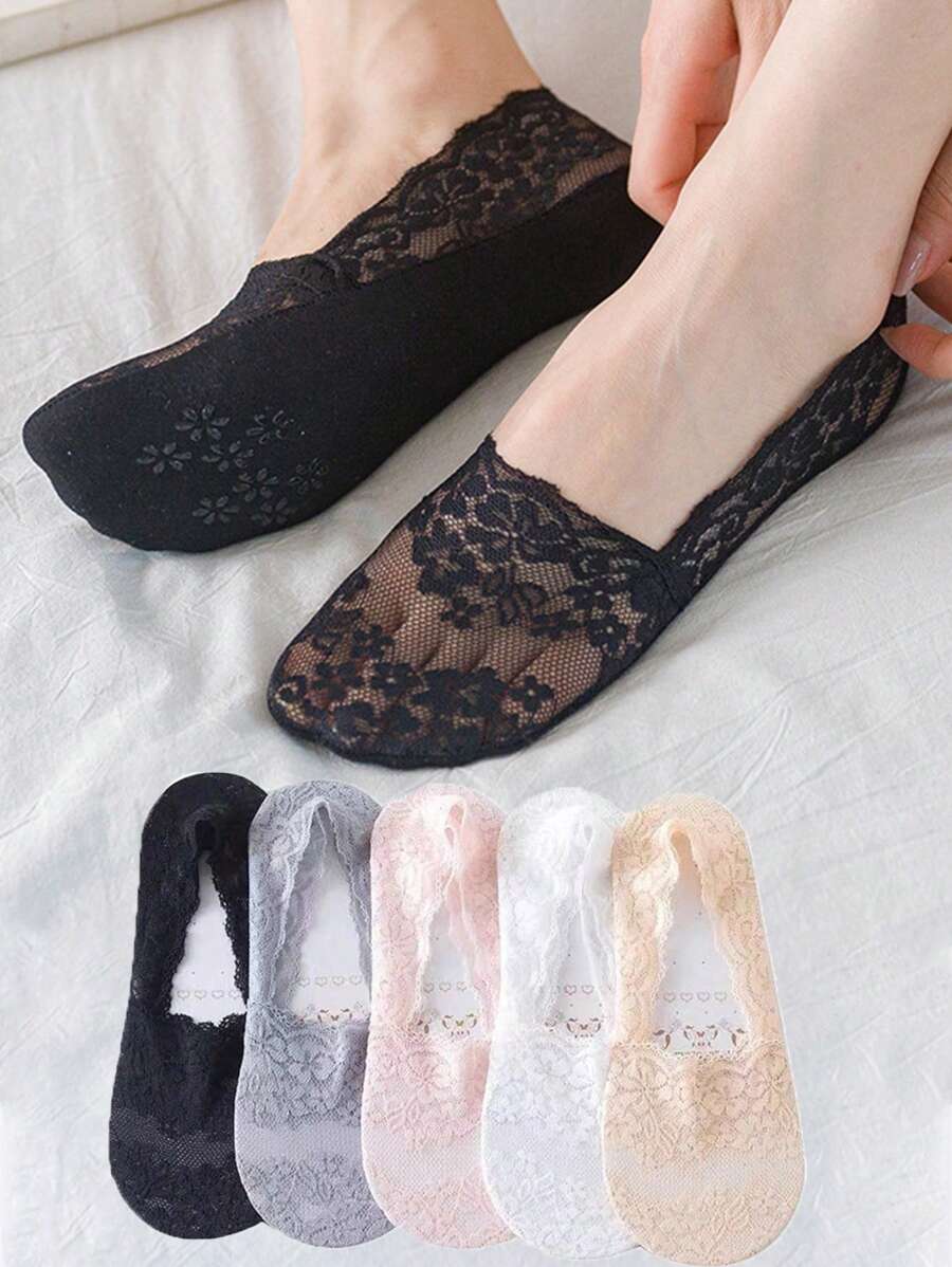 5 Pairs Lace Boat Socks For Women, Low Vamp Invisible Non-Slip Silicone Heel, Cushioned Sweat-Absorbent Liner, Suitable For High Heels, Spring/Summer