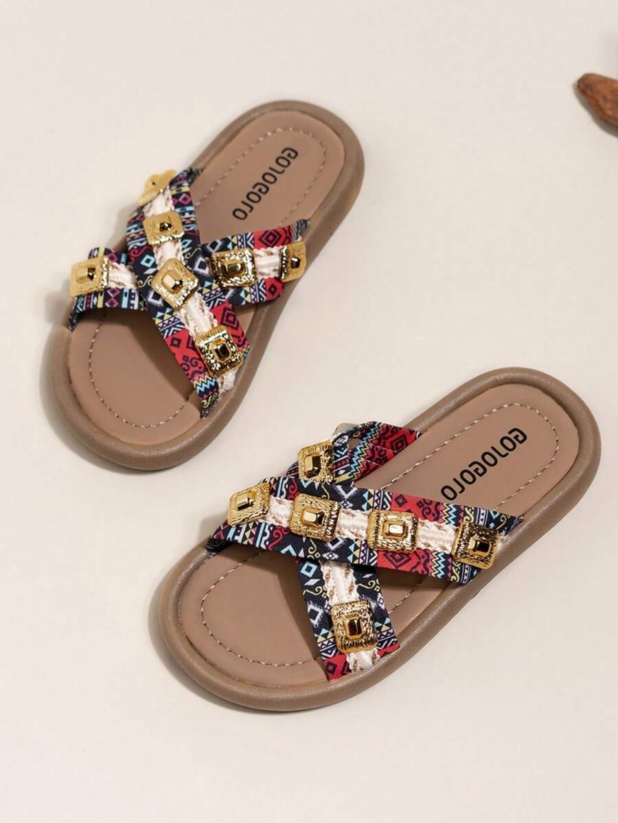 1 paar PU-streep strass decor instappers voor meisjes, schattig en modieus, geschikt voor de zomer