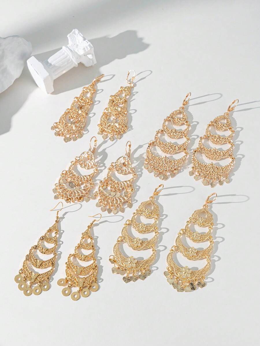 Herseygold 1 par de pendientes largos chapados en oro con luna creciente y flor, pendientes de lujo turcos nupciales con borla en forma de corazón, regalo de boda