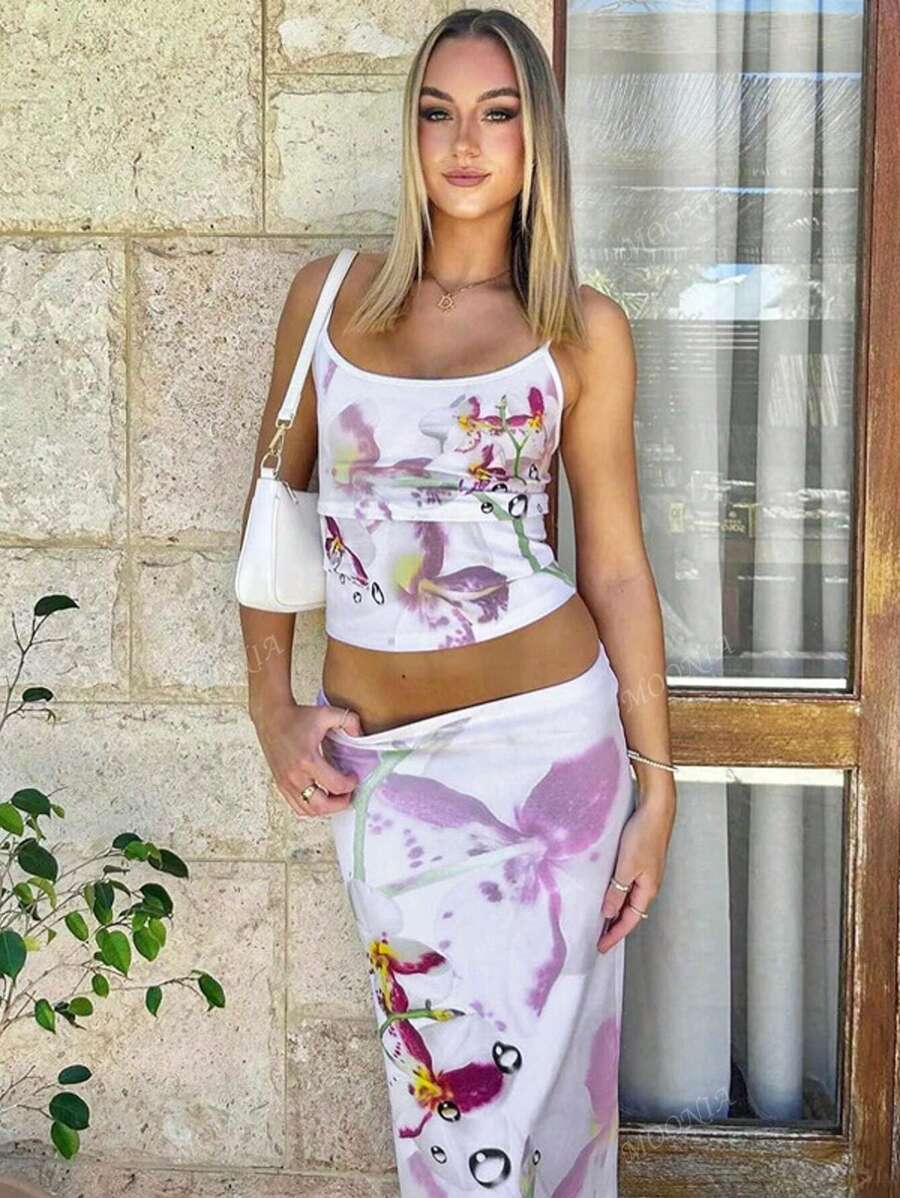 Printed Camisole Slim Long Skirt Two Pieces Set, Spring And Summer