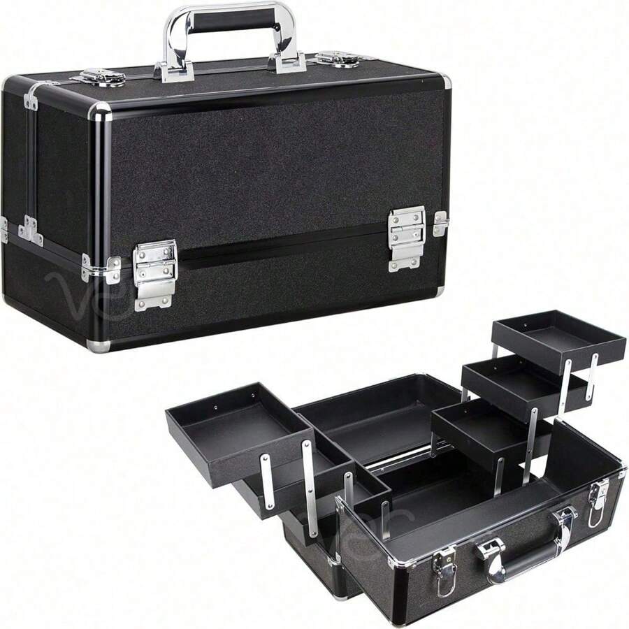 6-Tiers Accordion Trays Professional Cosmetic Makeup Train Case Organizer Travel Brush Holder - Vk3203, Black Glitter (VP001-51)