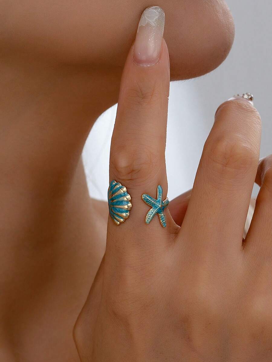 1pc Handmade Enameled Starfish & Shell Adjustable Ring For Women, Suitable For Summer Vacation (Note: Slight Variations In Color And Shape)