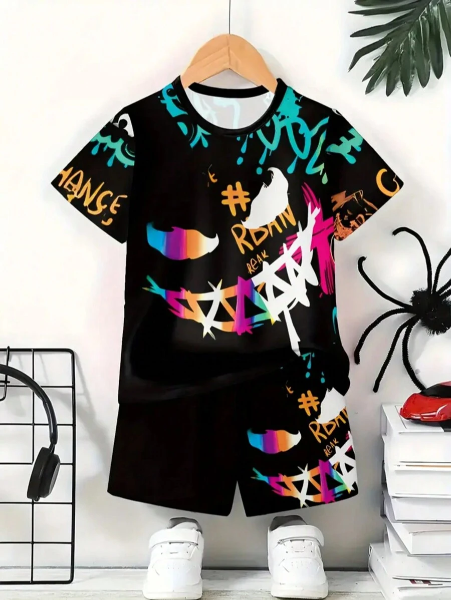 Set de 2 piezas - Camisa de manga corta con estampado 3D de fútbol y pantalones cortos con pretina elástica y estampado suave de fútbol para niño, para primavera/verano