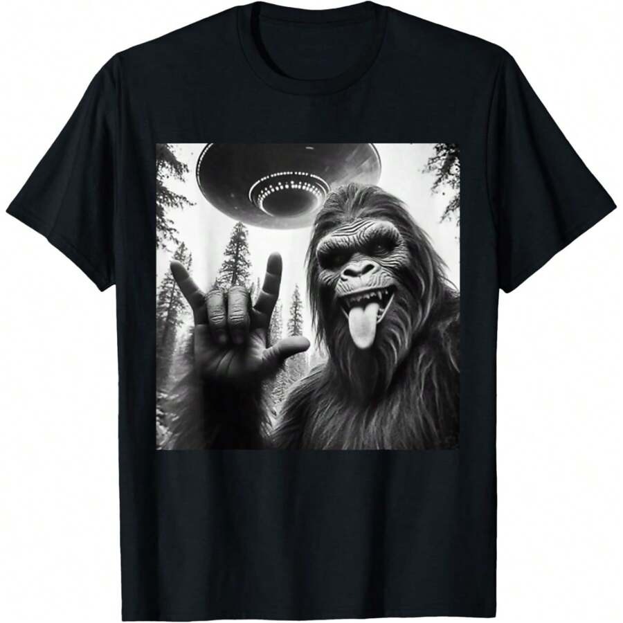 Funny Sasquatch Bigfoot Rock On Selfie With UFO Alien T-Shirt, Unisex Graphic T Shirts, Funny T-Shirt