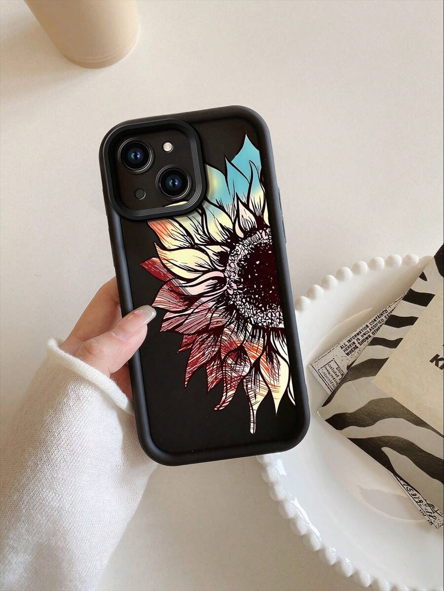 1pc Fashionable Colorful Semi-Flower Anti-Fingerprint Black Non-Slip Sandstone Phone Case, Compatible With Apple//Redmi/OPPO/Realme/Infinix