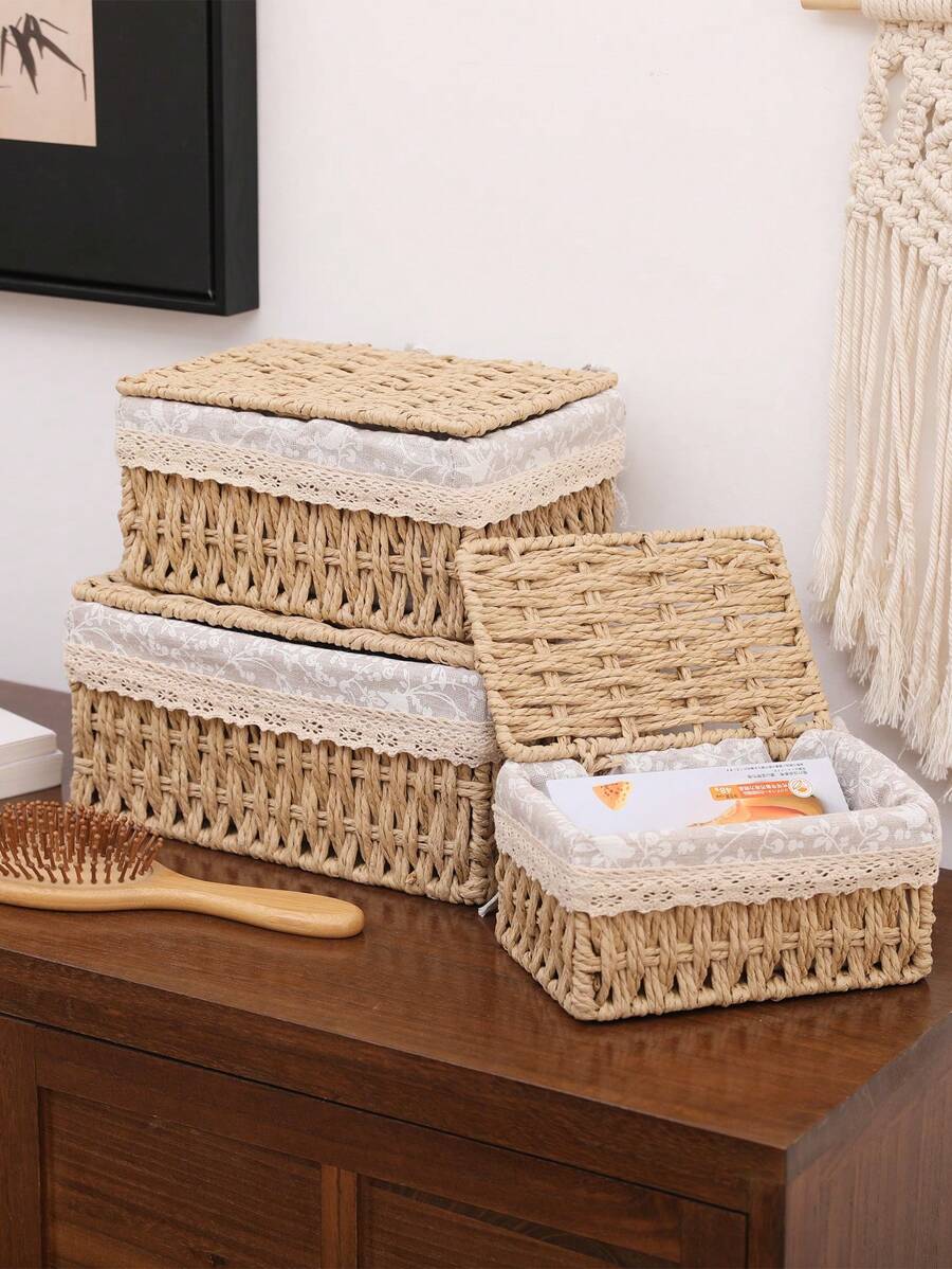 1 Pezzo Scatola da tavolo per il Contenimento, Scatola portaoggetti intrecciata in rattan di carta, Cesto di Stoccaggio con Coperchio, Cesto per riporre Vari Oggetti, Snack, Prodotti Cosmetici, Cucina, Giocattoli, Cesto Portaoggetti per Cosmetici, Cesto