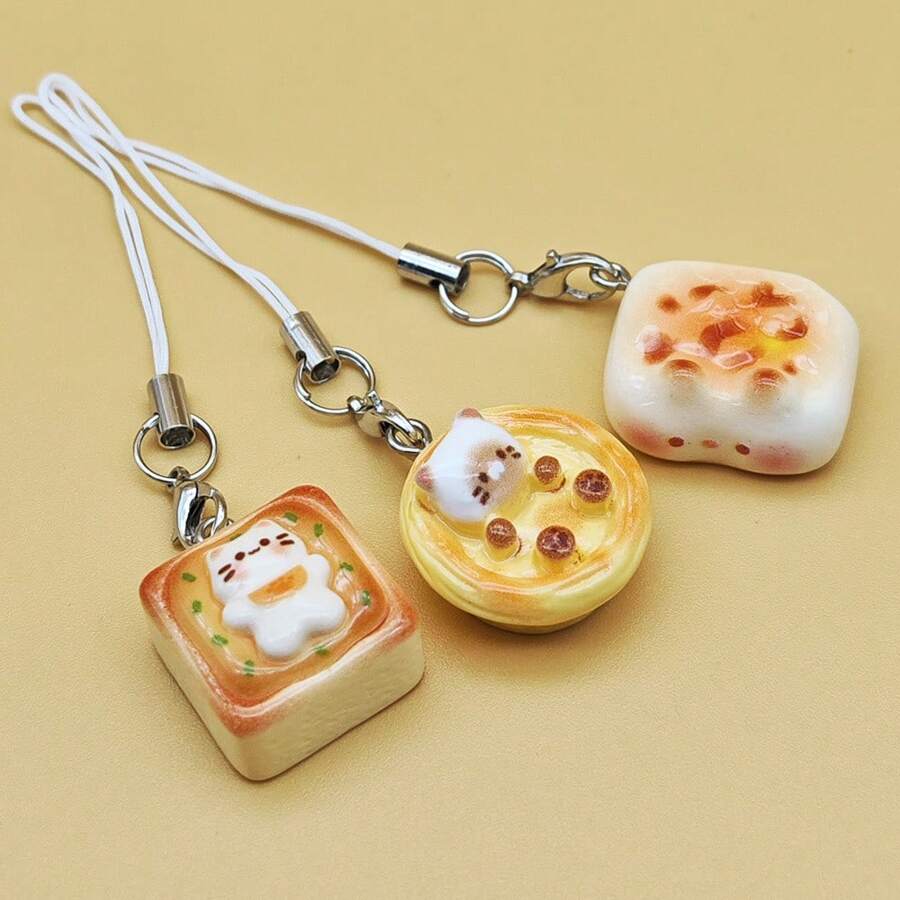 3PCS Set Super Cute Japanese Style Cat Bread Phone Charms: Kitten Toast Keychains, Adorable Bag Pendant, Perfect Gift