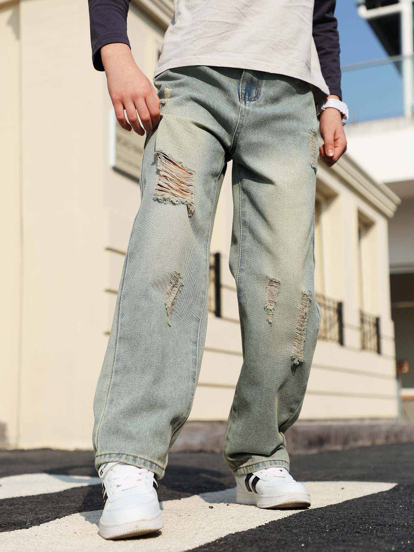 Jeans droits de printemps déchirés pour adolescents garçons, nouveaux pantalons longs décontractés délavés avec effet usé pour enfants