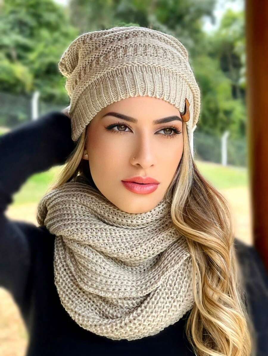 Conjunto Unissex Gorro e Cachecol Tricot Infinito Macio Lã Tendencia Inverno Moda