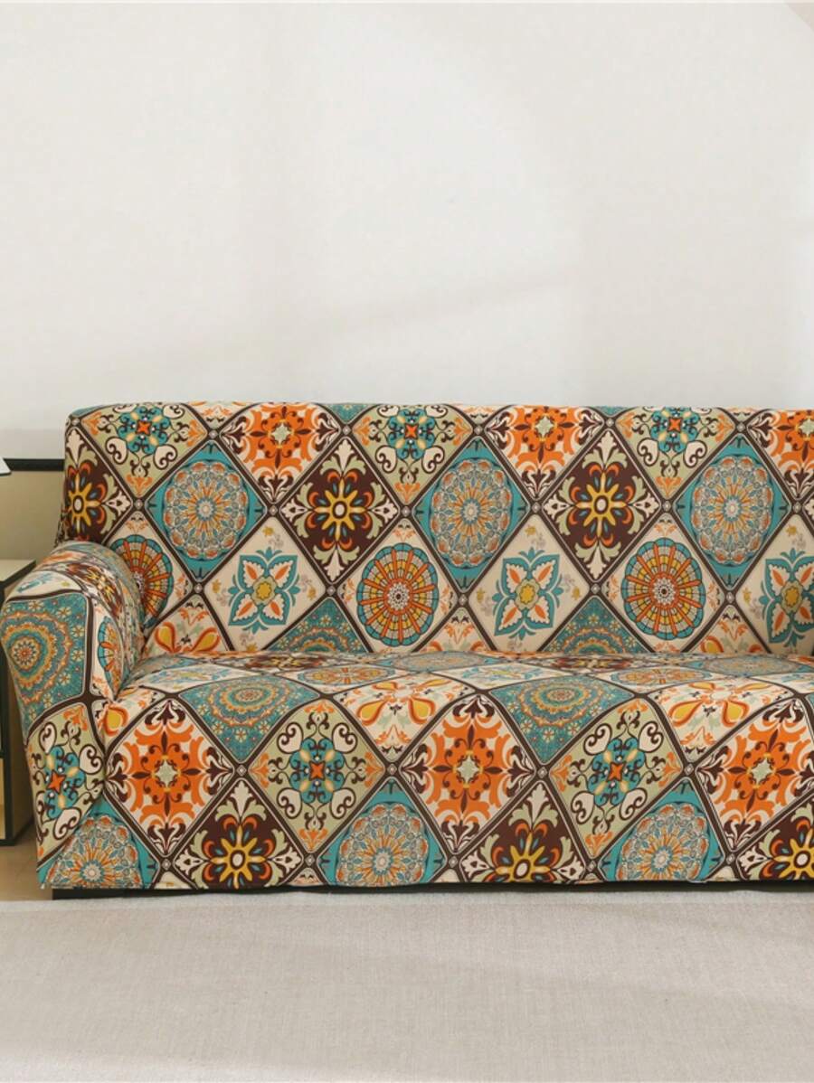 1 Stück Bohemian bedruckter Stretch-Sofahulle aus Milchseide + 1 Stück Kissenbezug (ohne Kissenfüllung), Bohemian Stil, Mode, minimalistisch, weich atmungsaktiv schmutz- und rutschfeste Schutzhülle für Wohnzimmer, Schlafzimmer, Arbeitszimmer