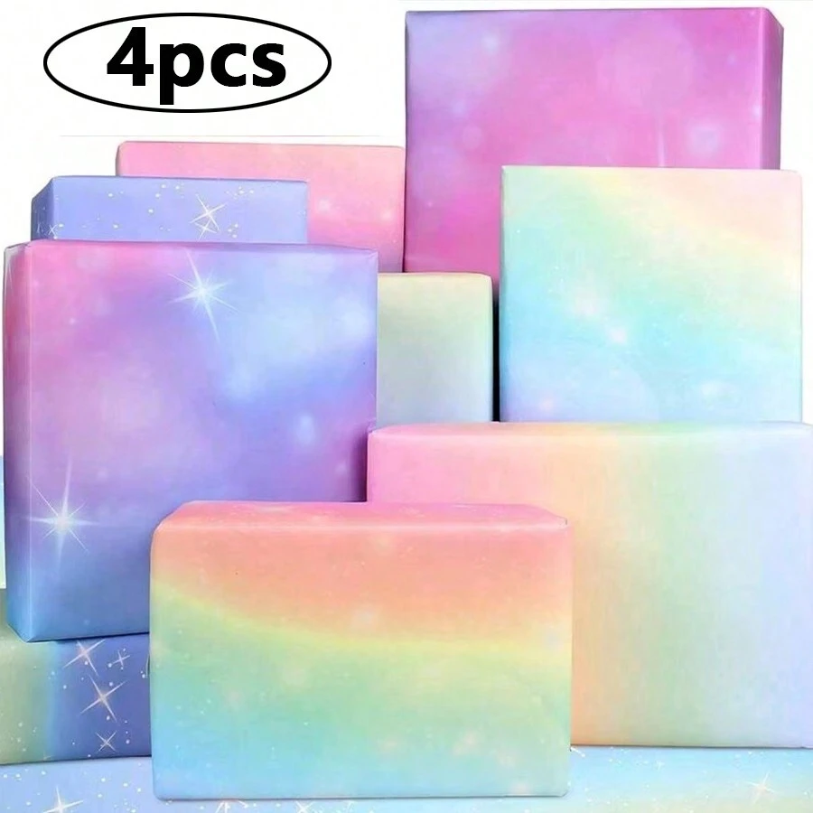 4 Stücke/Set bunte Regenbogendesign Geschenkpapiere, Geburtstagsggeschenkpapier, 4 Designs, geeignet für Frauen, Feiertag Party Dekorationen Geschenkpapierset, Weihnachten