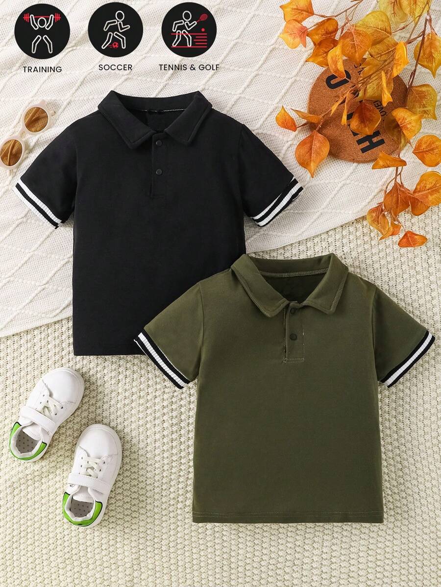 2 stuks/set peuterjongens zomer militair groen, zwart, wit korte mouwen poloshirts, casual sportvakantie poloshirts