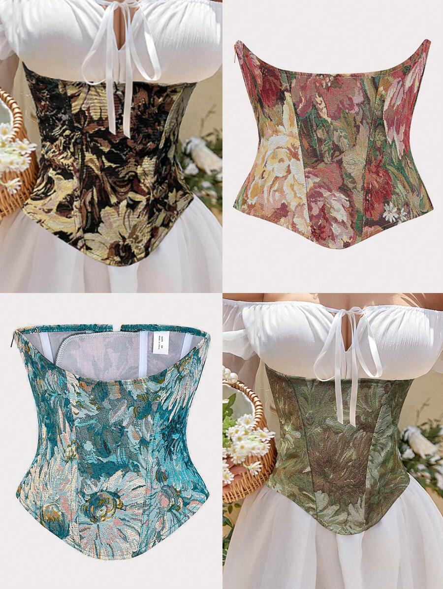 Women Vintage Floral Waist Trainer, Cincher Corset Bustier Top With Back Tie, Suitable For New Year Party, Valentine's Day, Holiday Outfits