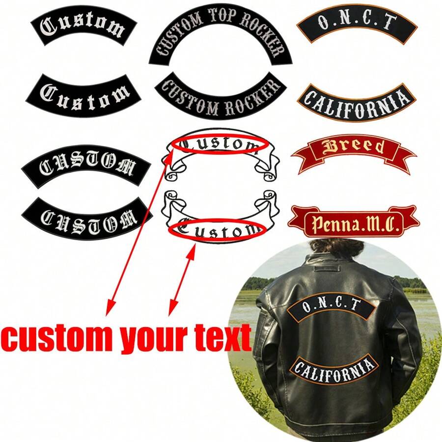 Custom Embroidered Decorative Stickers Of Two Banners With Different Shapes And Fonts Can Be Used For Leather Jackets, Cycling Clothes And Other Decorations, Which Can Be Ironed Or Sewn By Hand