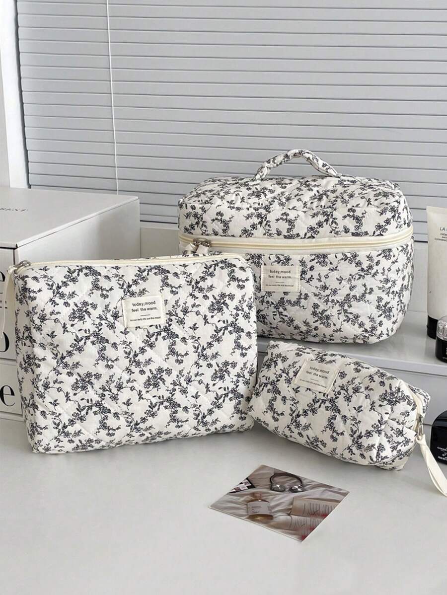 1 Pieza/Set Bolso de maquillaje estilo coreano con estampado floral diminuto negro y cordones decorativos Bolsa de almacenamiento grande y portátil multifuncional para cosméticos, cuidado de la piel, crema solar, esmalte de uñas, joyas, audífonos, artículos pequeños. Regalo ideal para damas de honor, cumpleaños, San Valentín, hermana, amante y amiga