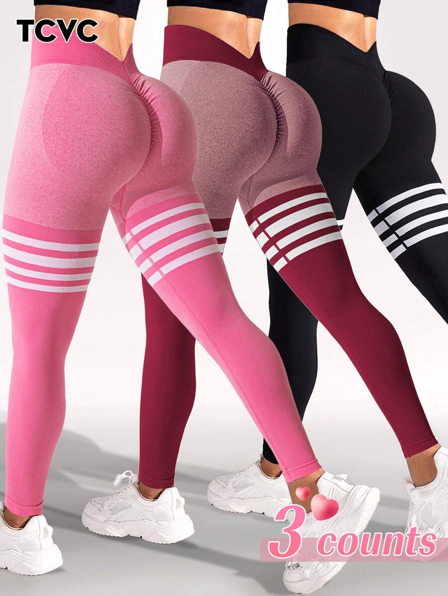 TCVC Sportlich gestreifte linenfarbene High Waist Crinkle Yoga Leggings für Damen, hochdehnbare nahtlose Strumpfhosen für Indoor- und Outdoor-Workouts, Bauchformung, Pfirsichhintergrund, lässig und vielseitig
