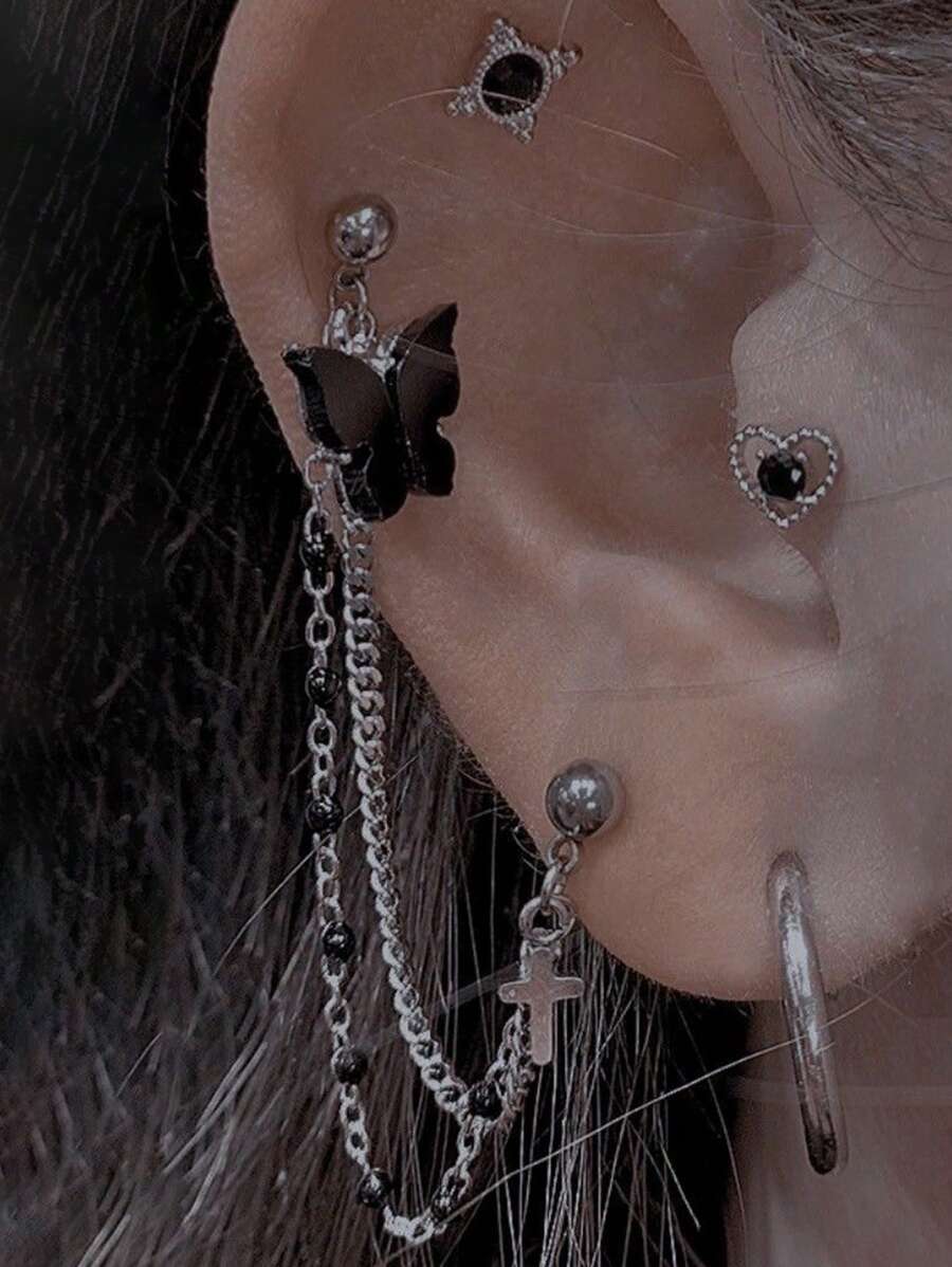 4pcs Dark Sweet Gothic Black Butterfly, Heart, Cross Pendant Earring Set, Chain Stud Earrings Suitable For Daily Wear And Parties (For Single Ear)