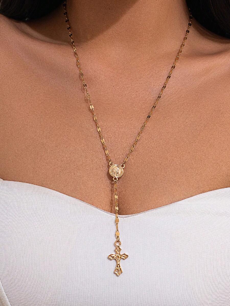 1 st. Modieuze elegante Maagd Maria reliëf Y-vormige lange ketting, vintage religieuze kruis hanger trui ketting voor vrouwen, geschikt voor dagelijks gebruik en bijeenkomsten