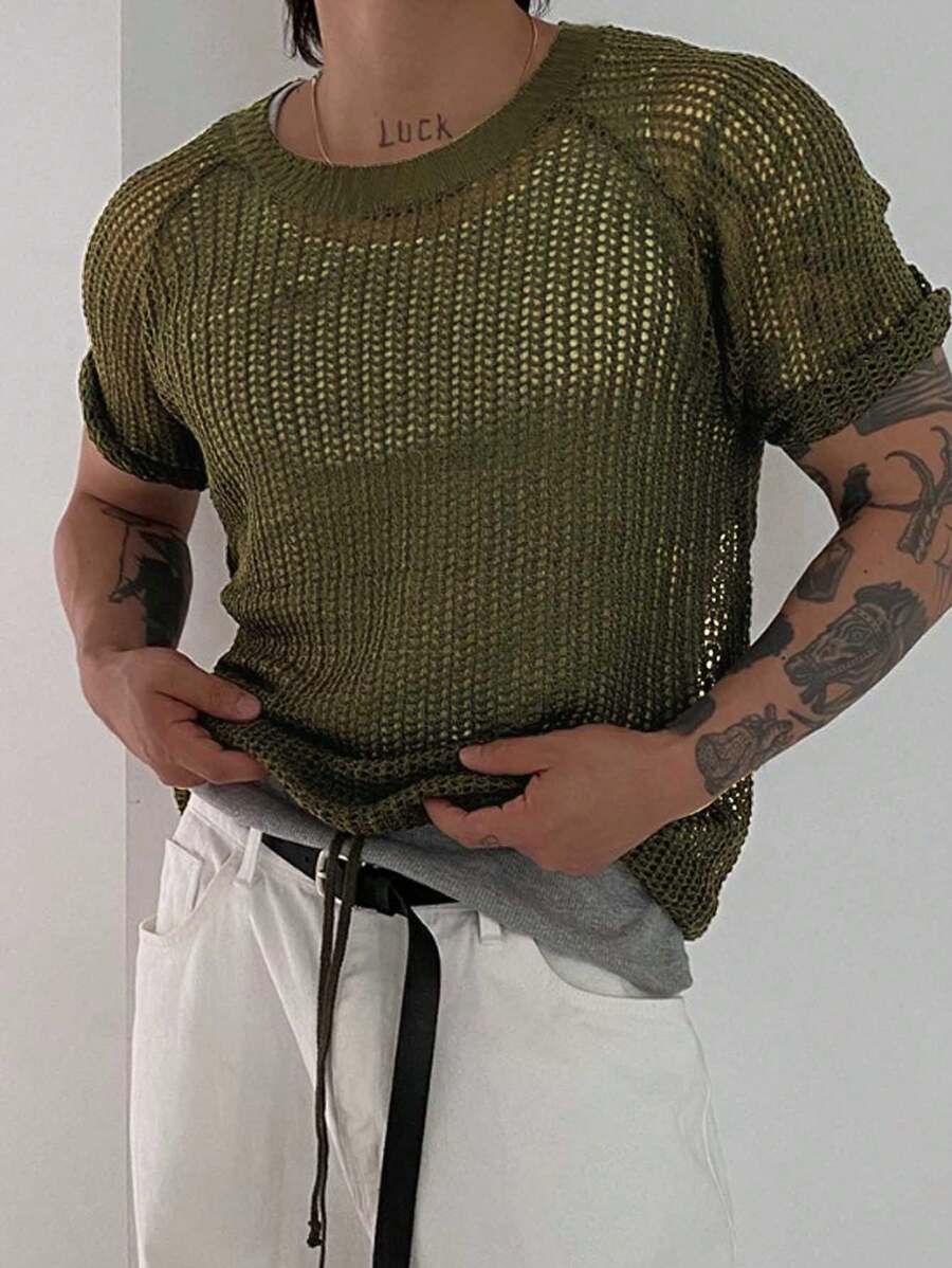 Breathable Perforate Hollow Knitted Loose Casual College Unisex Round Neck Short Sleeve Pullover Sweater For Spring, Summer And Autumn