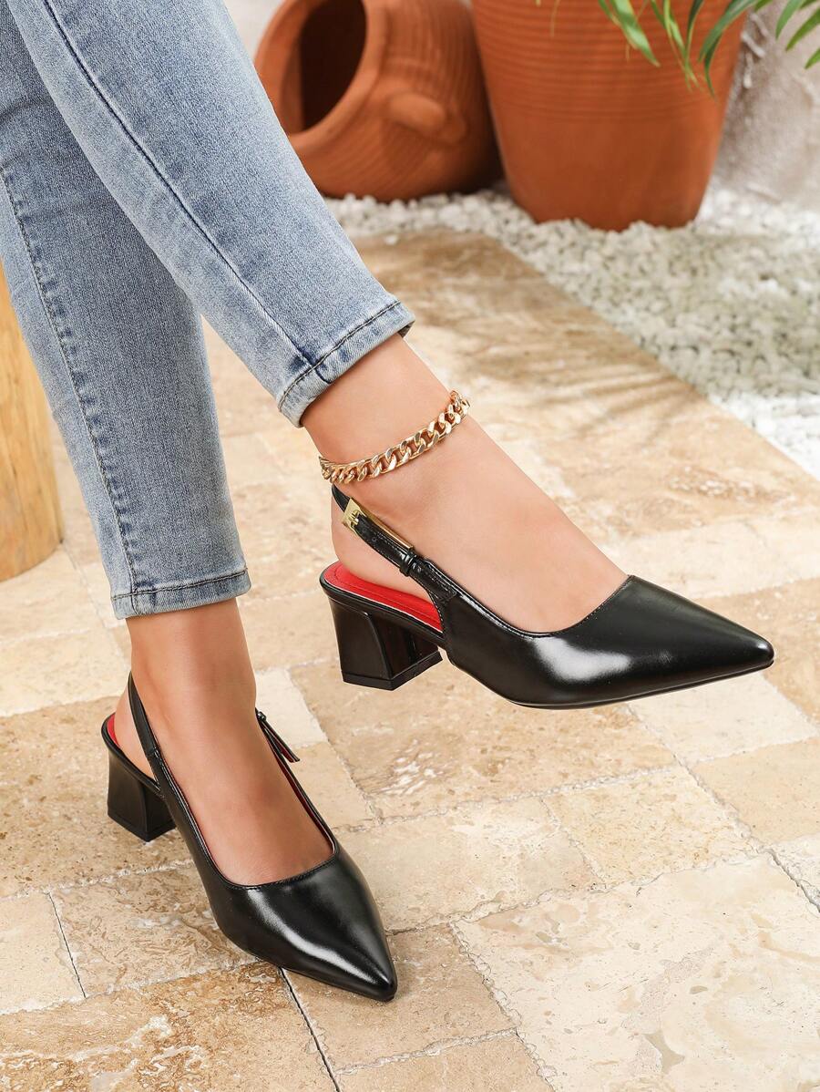 Mulas de tacón alto con hebilla de metal y puntera puntiaguda, cómodas y con slipon para uso en exteriores